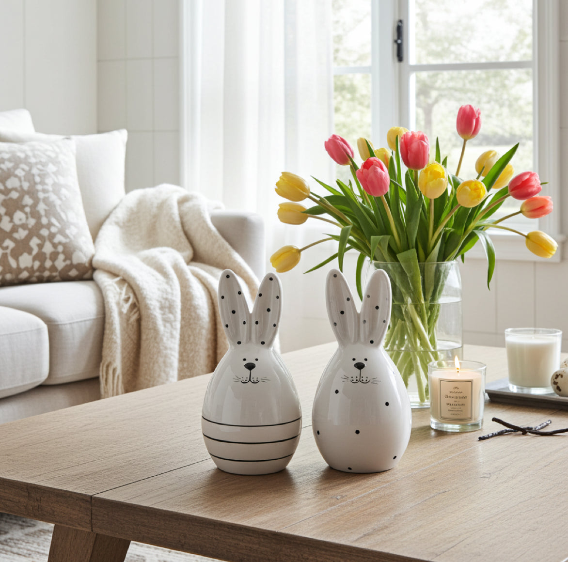 Osterhasen Duo im modernen Stil als Deko für Ostern im Wohnzimmer