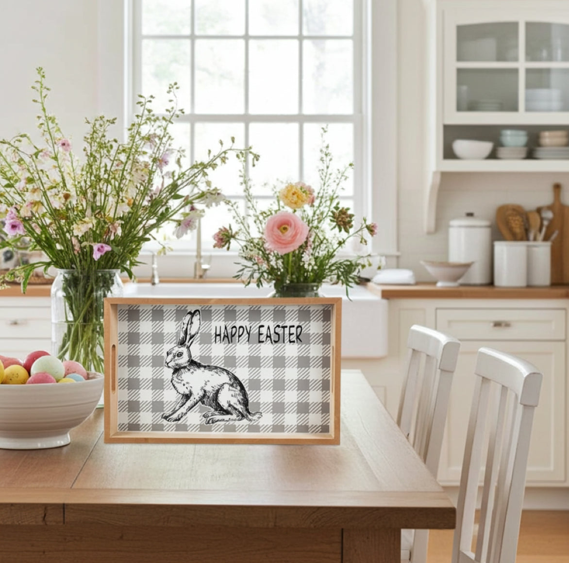 Modernes Holztablett mit Hase und Happy Easter Aufschrift für Ostern.