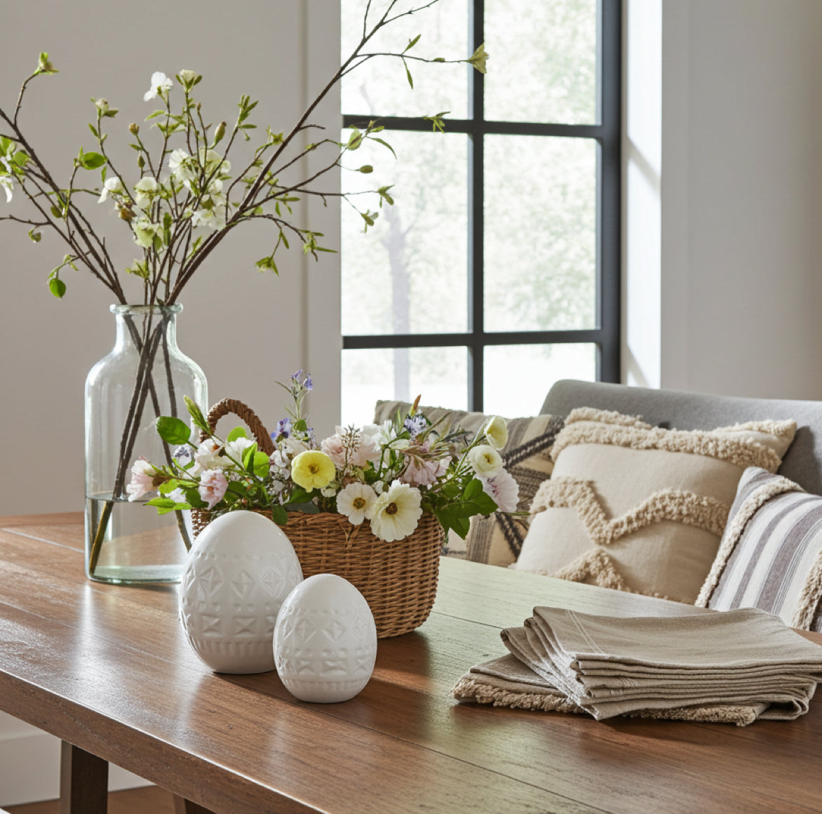 Weißes Keramik Osterei mit skandinavischem Prägemuster und glänzender Glasur.