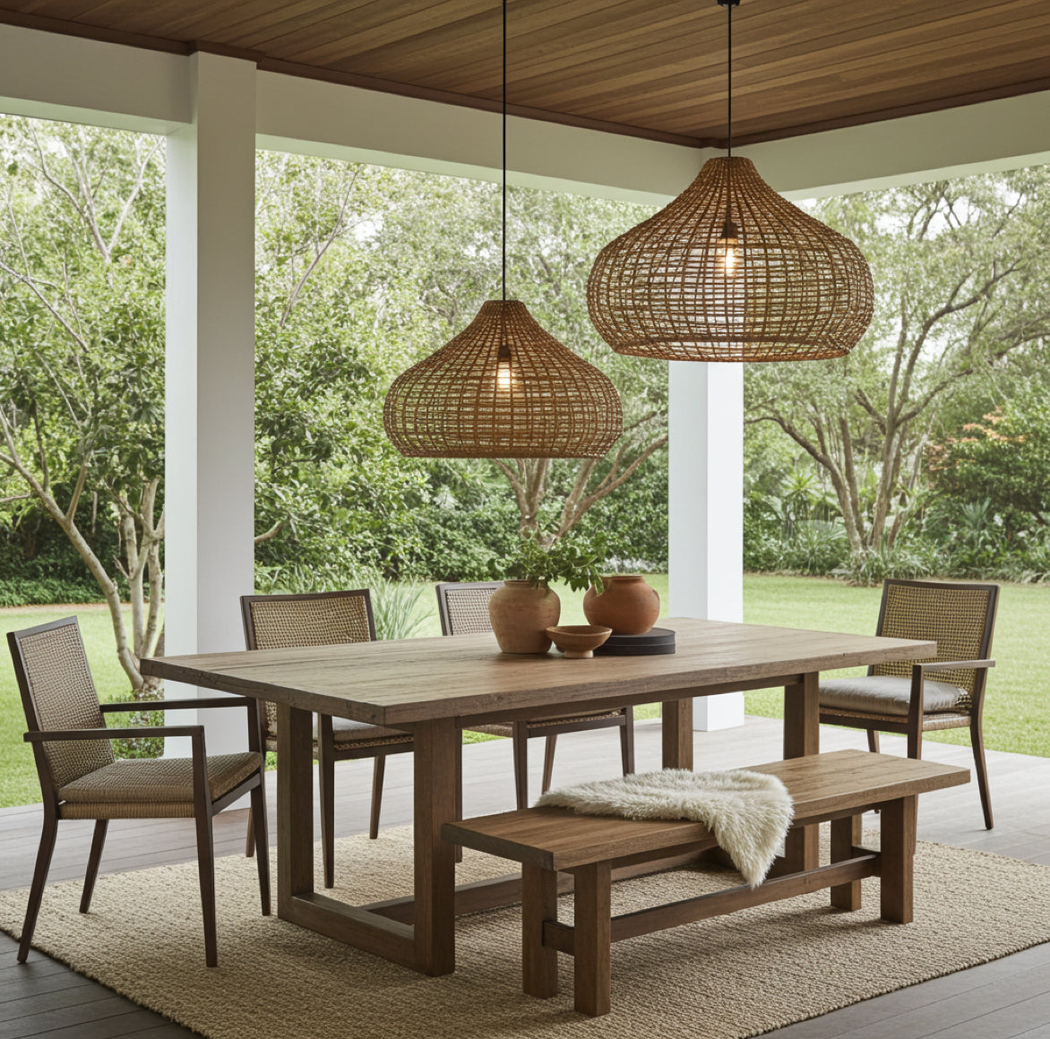 Große Outdoor-Hängelampe Mira aus naturfarbenem Lampakanay-Geflecht in Glockenform für Terrasse und Balkon.