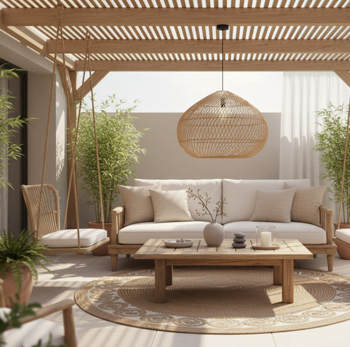 Große Rattan Hängelampe Outdoor Lampe Karen für überdachte Terrasse von PR Home bei Soulbirdee
