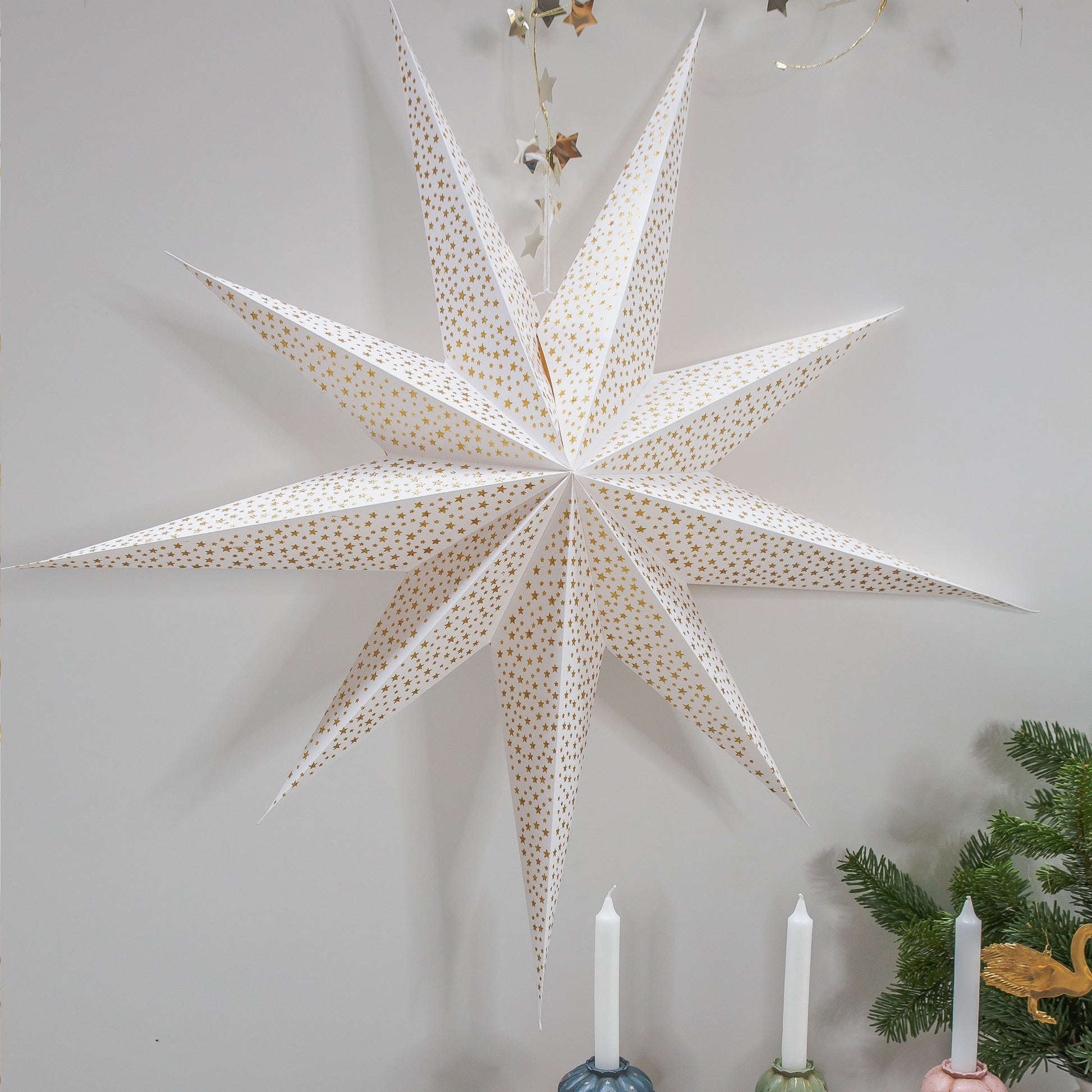 Stern aus Papier Papierstern 100 cm Weihnachtsstern Fensterdekoration Adventszeit Stern weiß Papier Stardust Gold Bungalow DK