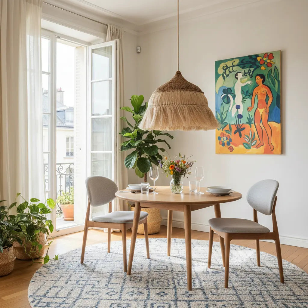 Natürliche Boho Hängelampe Hoola aus Rattan und Ramie mit Fransen als kleine Esstischlampe