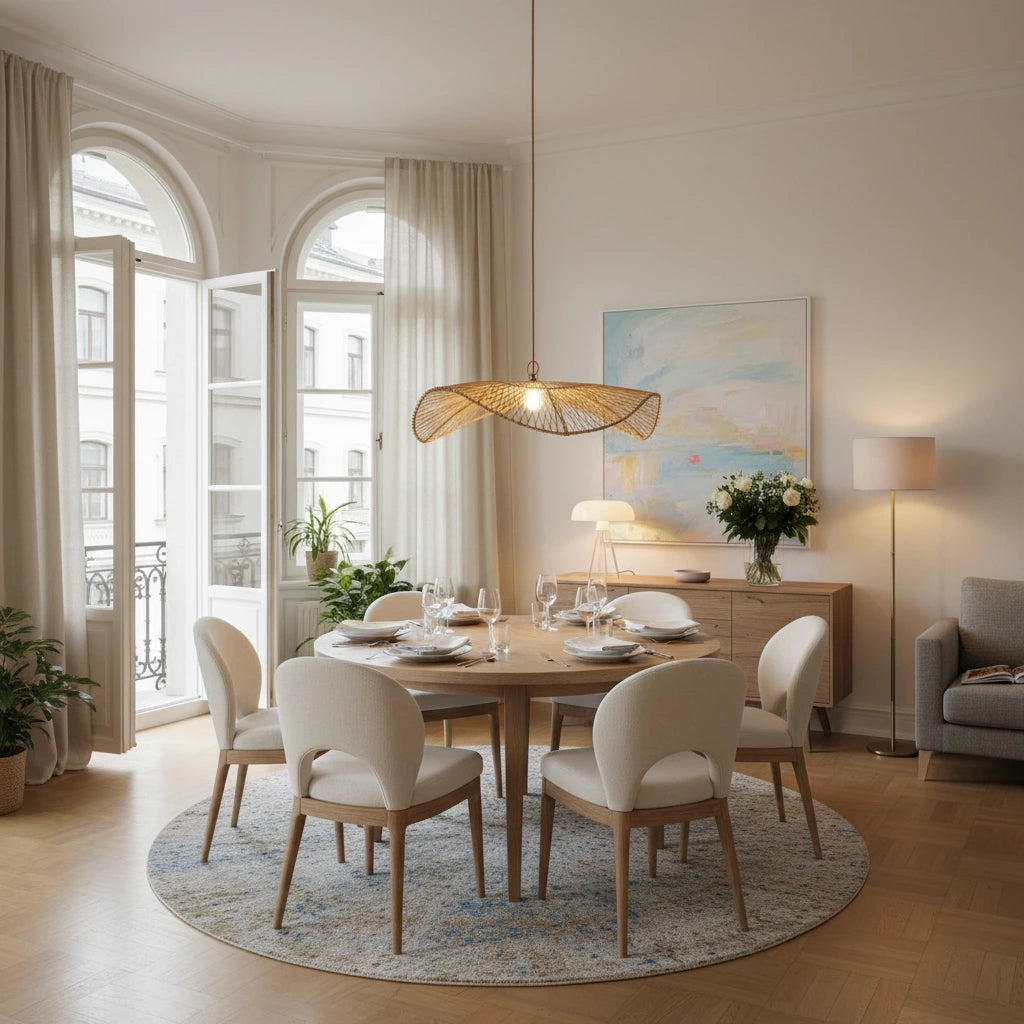 Große, flache Pendelleuchte als Deckenlampe aus Rattan über einem Esstisch für 6 Personen im Esszimmer