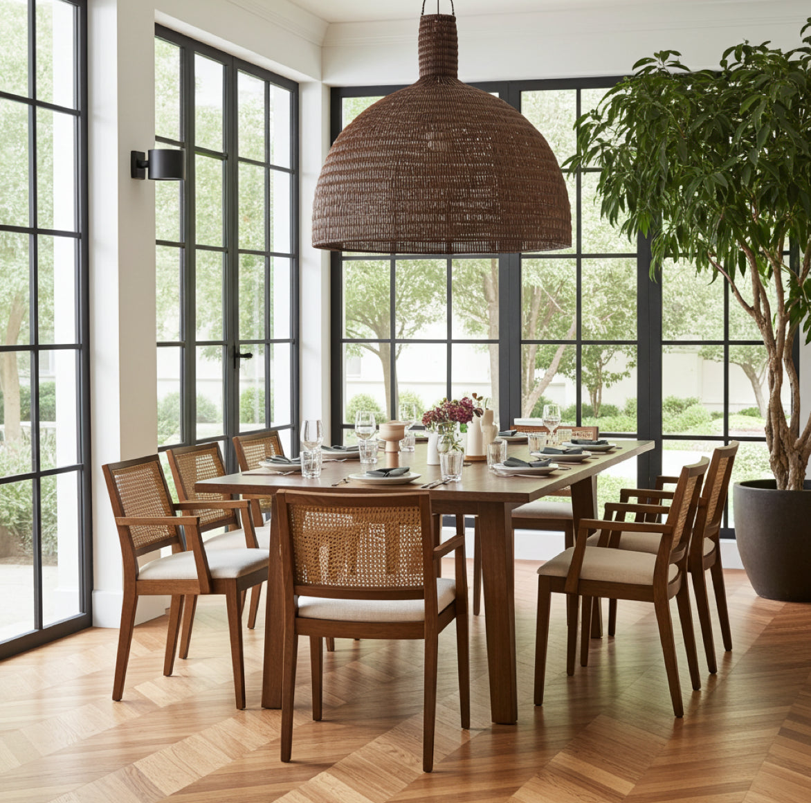 Große XL Dome Pendelleuchte aus Rattan in dunkler Walnuss-Optik in einem Restaurant Lampenschirm von Bazar Bizar