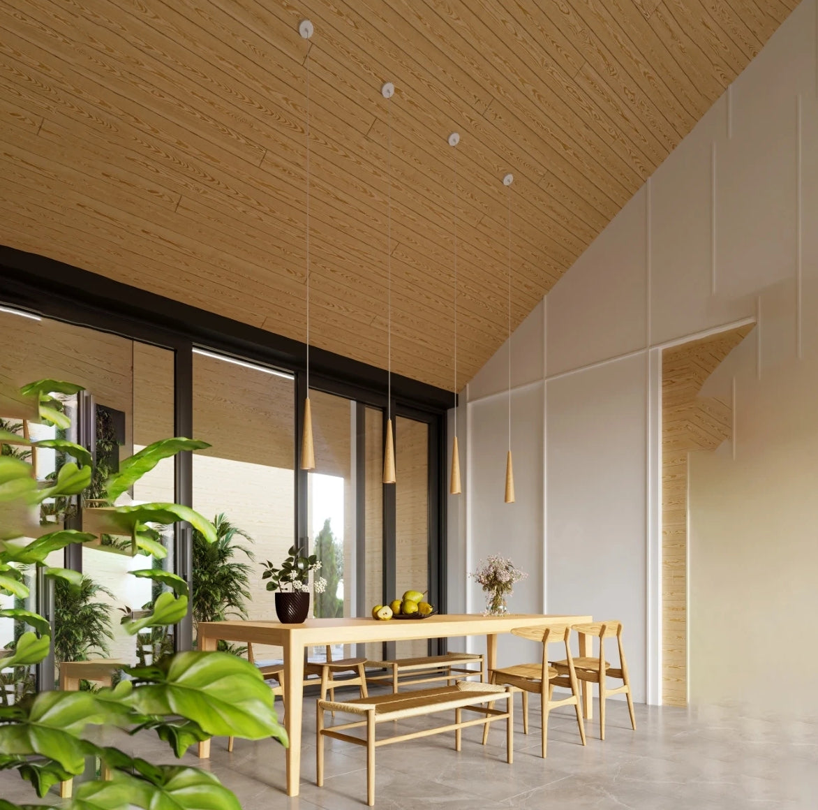 Detailaufnahme Montage der SULA Pendelleuchte an einer schrägen Decke.