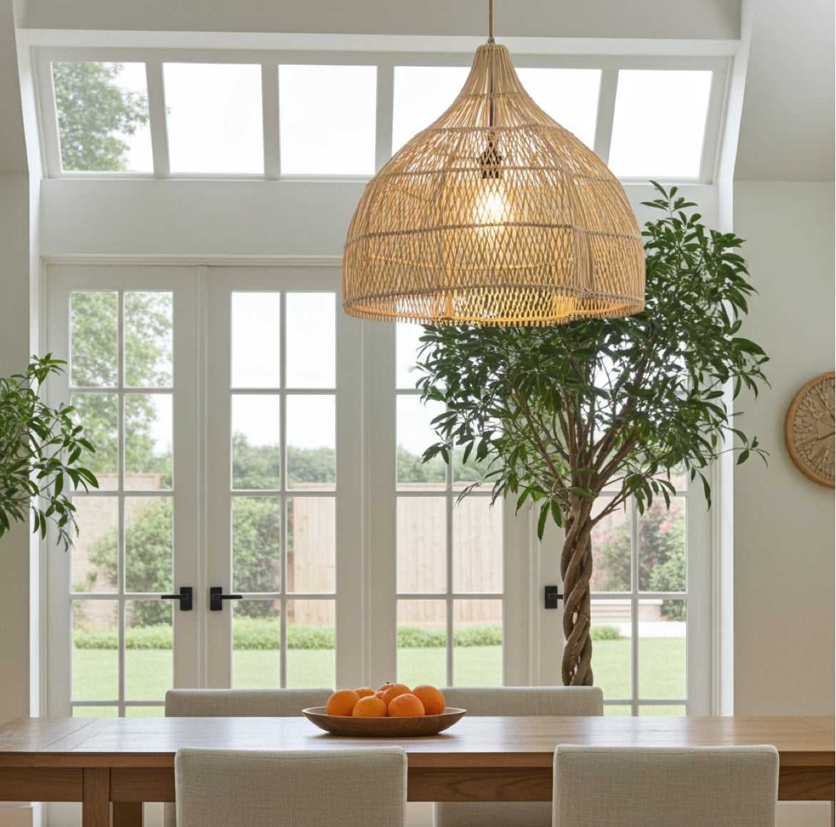 Rattan Hängelampe Beachhouse in Blütenform über einem Esstisch im Wintergarten als Beleuchtung