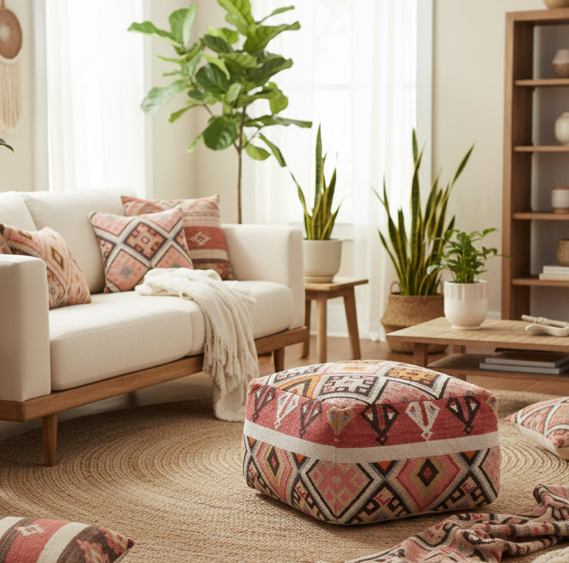 Pouf als Ablagetisch und Sitzgelegenheit im Wohnzimmer