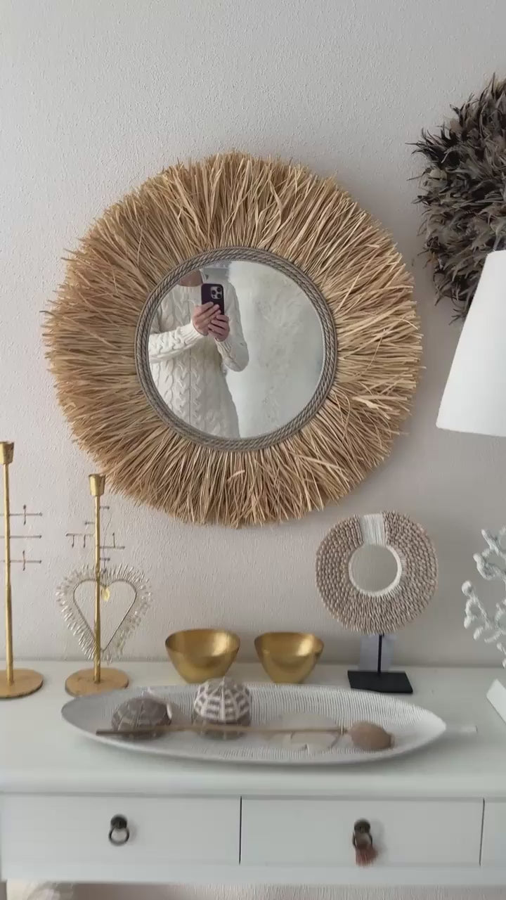 Ibiza Wandspiegel rund 60 cm mit Raffia Fransen, Naturmaterial, Boho Strandhaus