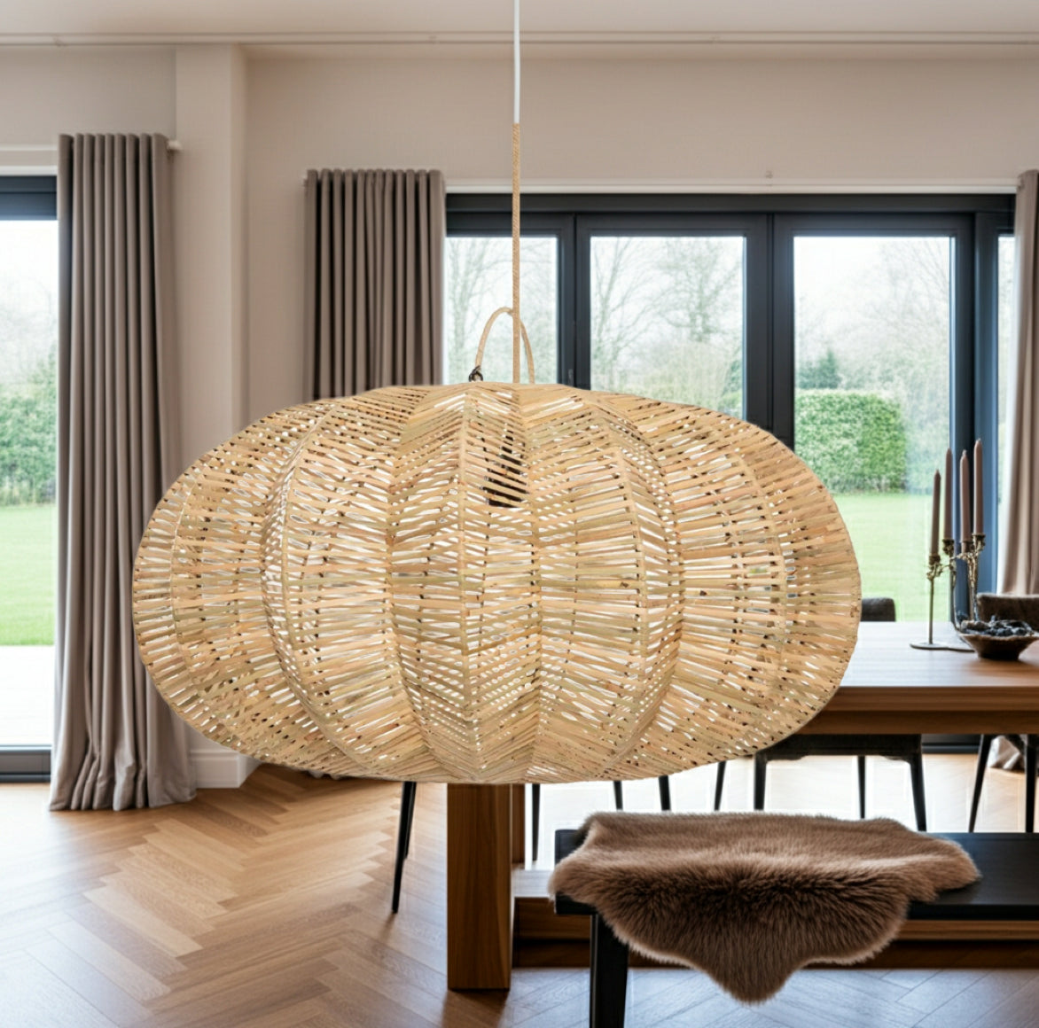 Handgeflochtene Rattan-Pendelleuchte Boho Cerise in Laternenform aus natürlichem Rattan für ein mediterranes Ambiente.