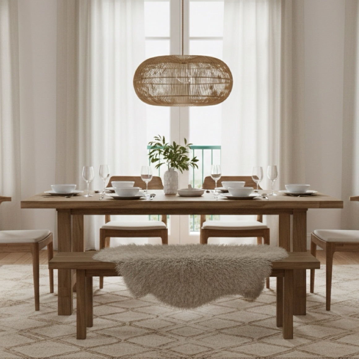 Skandinavisch eingerichtetes Esszimmer mit der Rattan-Leuchte Cerise als zentrales Design-Element für mehr Geborgenheit.