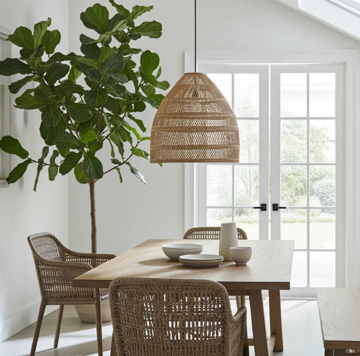 Rattan-Hängelampe über einem Holztisch in einem hellen Essbereich