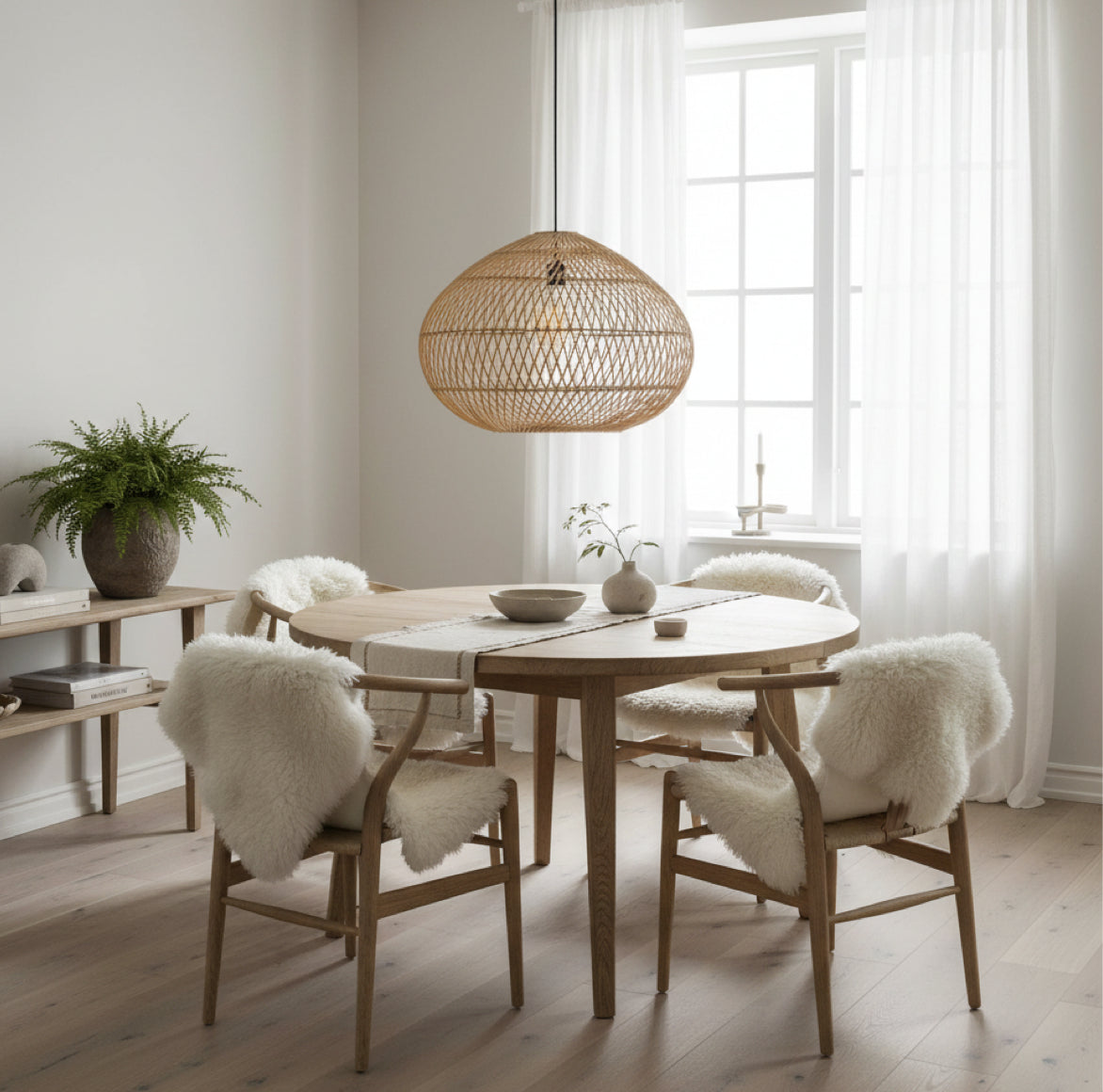Rattan Hängelampe aus Rattan 70 cm im nordischen Skandi Stil als Esstischlampe