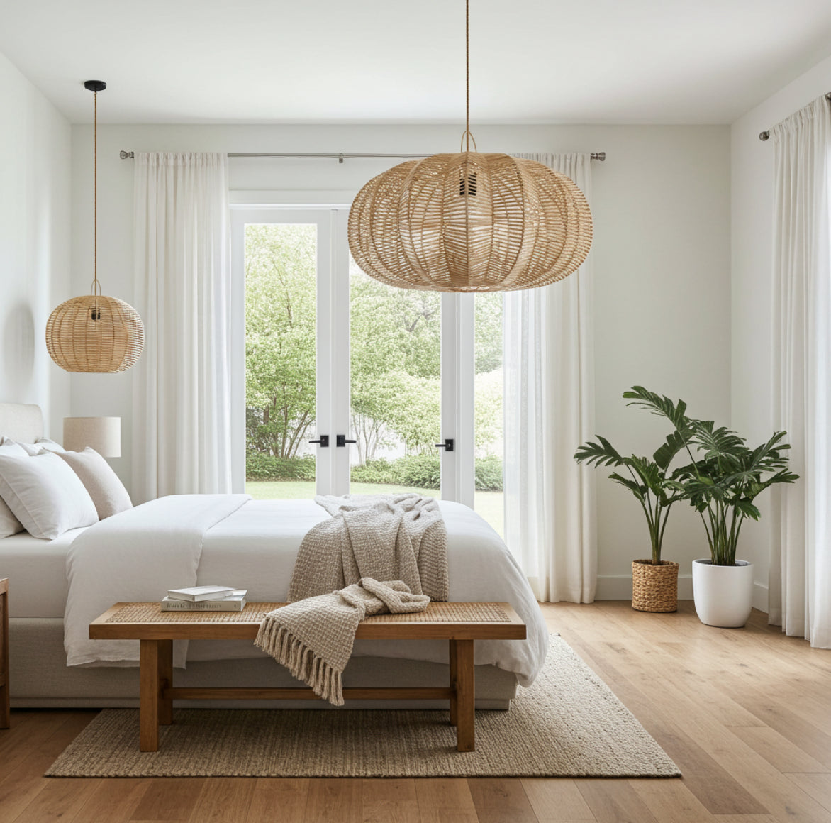 Skandinavisch eingerichtetes Schlafzimmer mit der Rattan-Leuchte Cerise als zentrales Design-Element für mehr Geborgenheit.