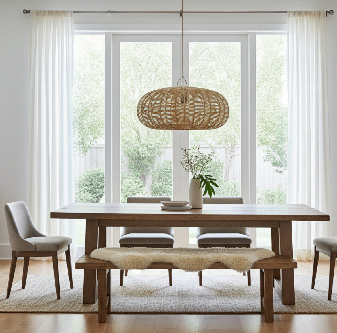 Skandinavisch eingerichtetes Esszimmer mit der Rattan-Leuchte Cerise als zentrales Design-Element für mehr Geborgenheit.