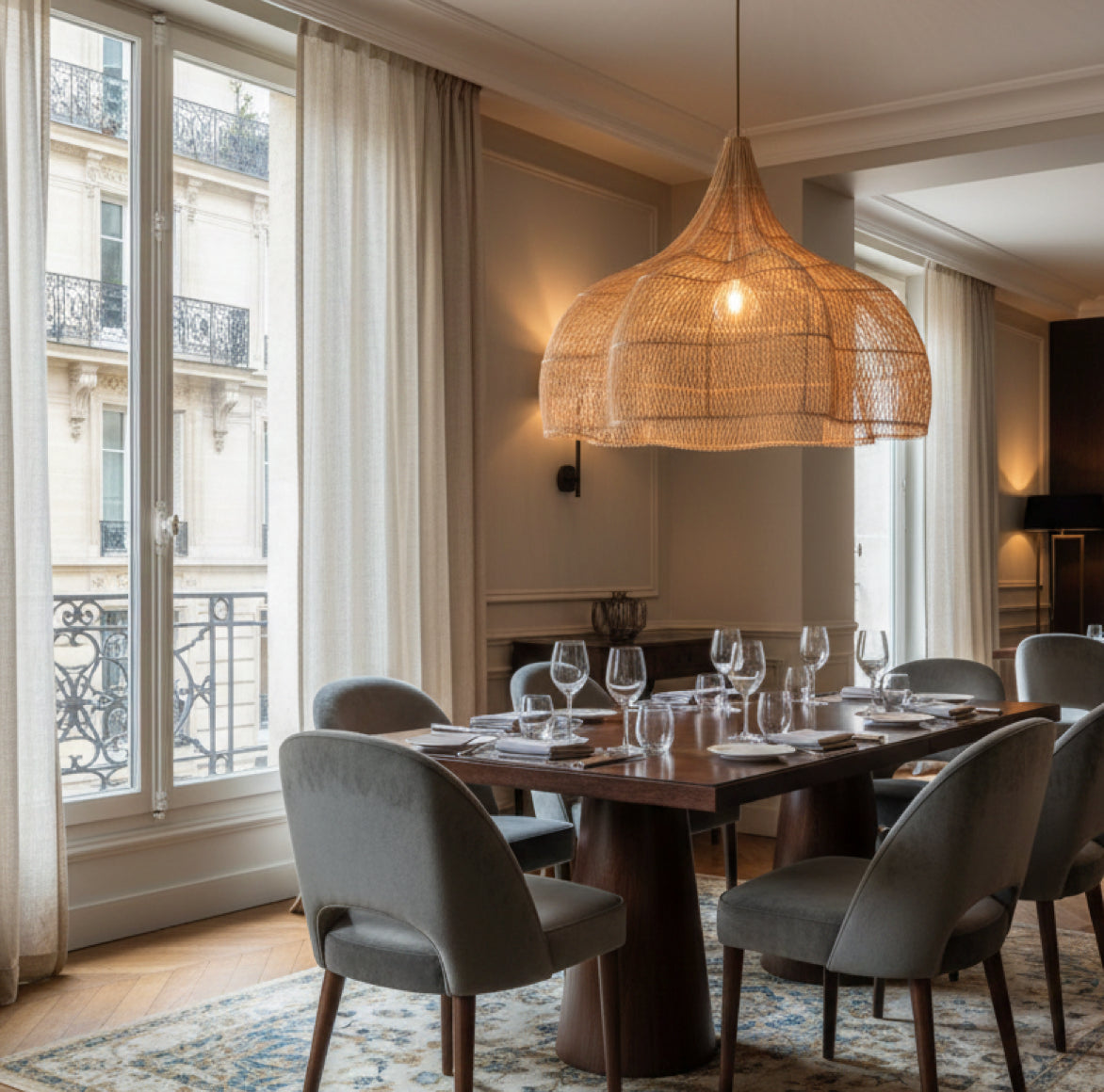 Design Rattan Lampenschirm XL groß  im Boho Chic als Lampe über einem Esstisch in einem Restaurant