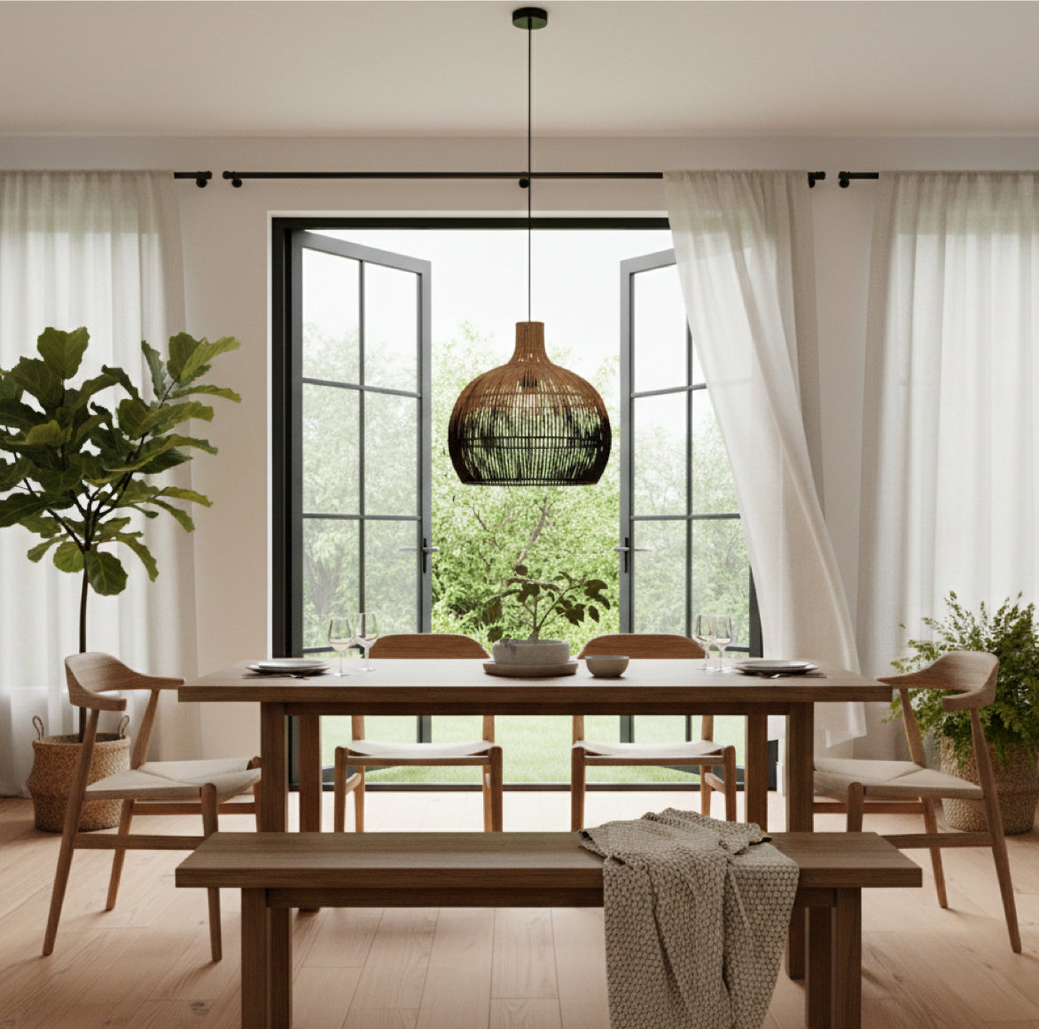 Rattan Hängelampe in Natur Beige Braun und Schwarz rund geflochten als Esszimmerlampe über dem Esstisch im Skandi Boho Stil