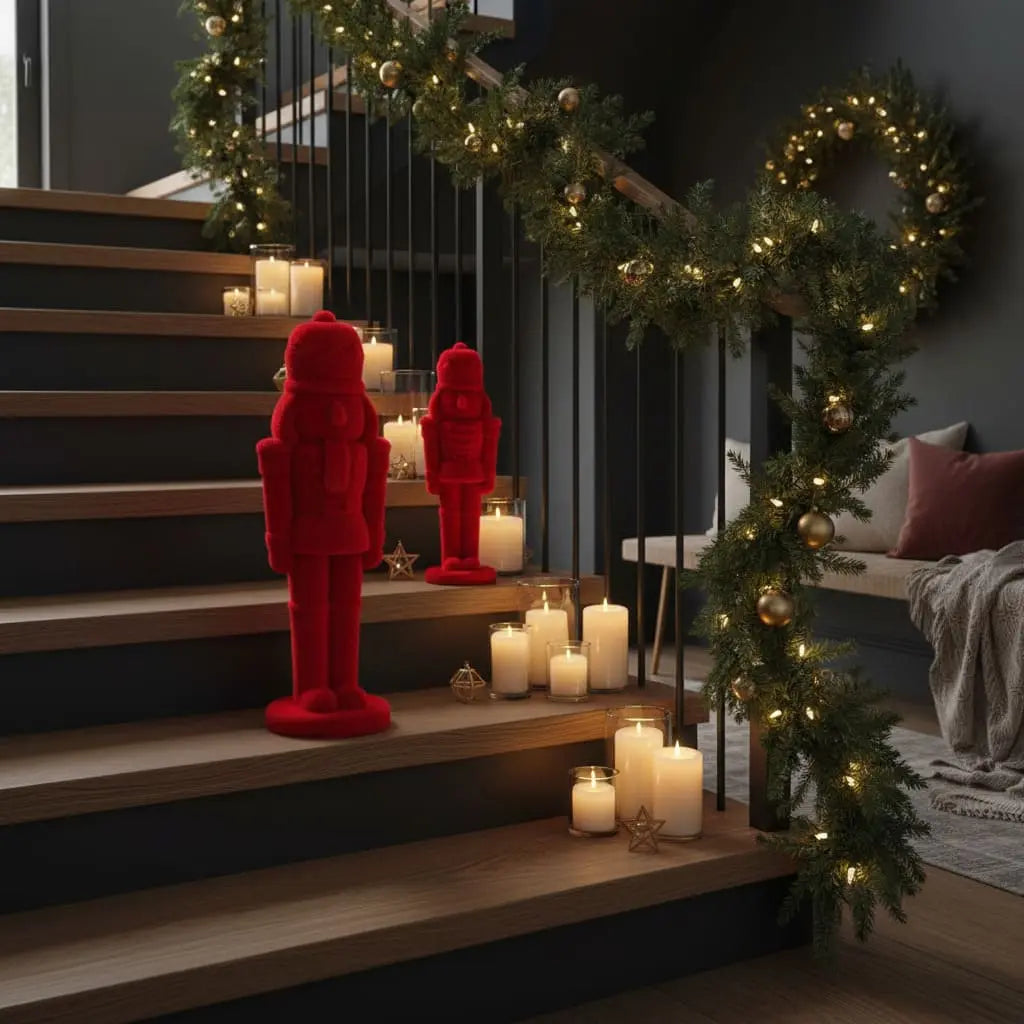 dekofigur nussknacker als weihnachtsdeko auf nordischer treppe mit kerzen dekoriert