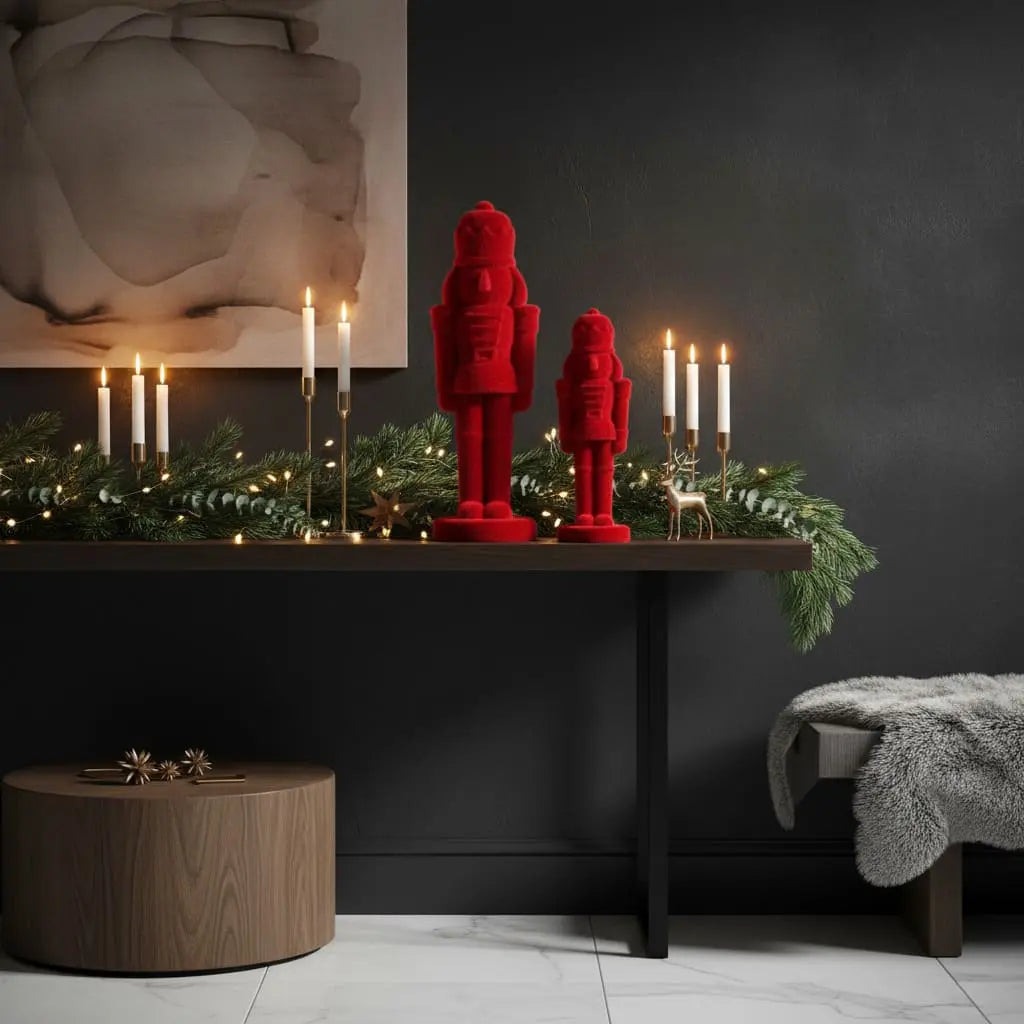 Roter Nussknacker mit Samtoberfläche auf einer festlich dekorierten Konsole im weihnachtlichen Wohnzimmer