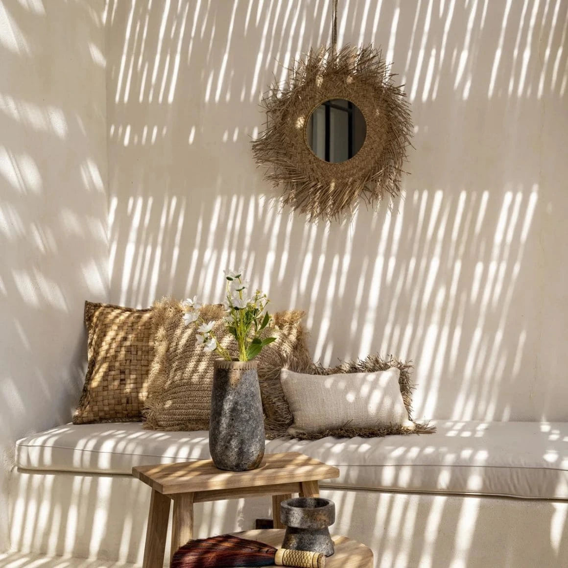 runder Wandspiegel aus Wasserhyacinthe im Boho Stil