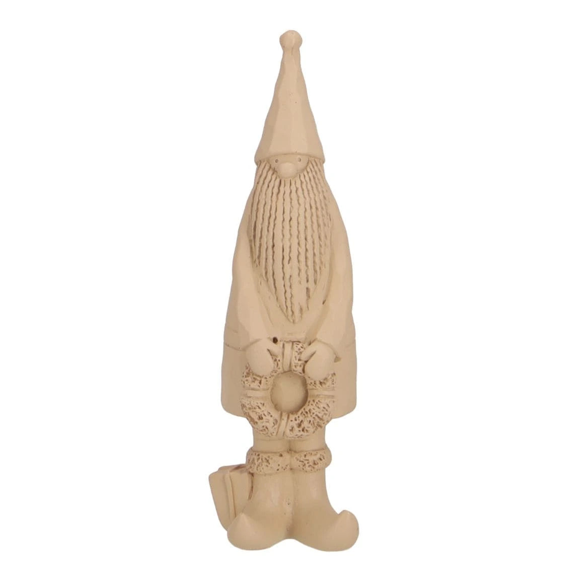 Santa Klausi Dekofigur in Taupe mit Wichtelmütze und Adventskranz für die Adventszeit