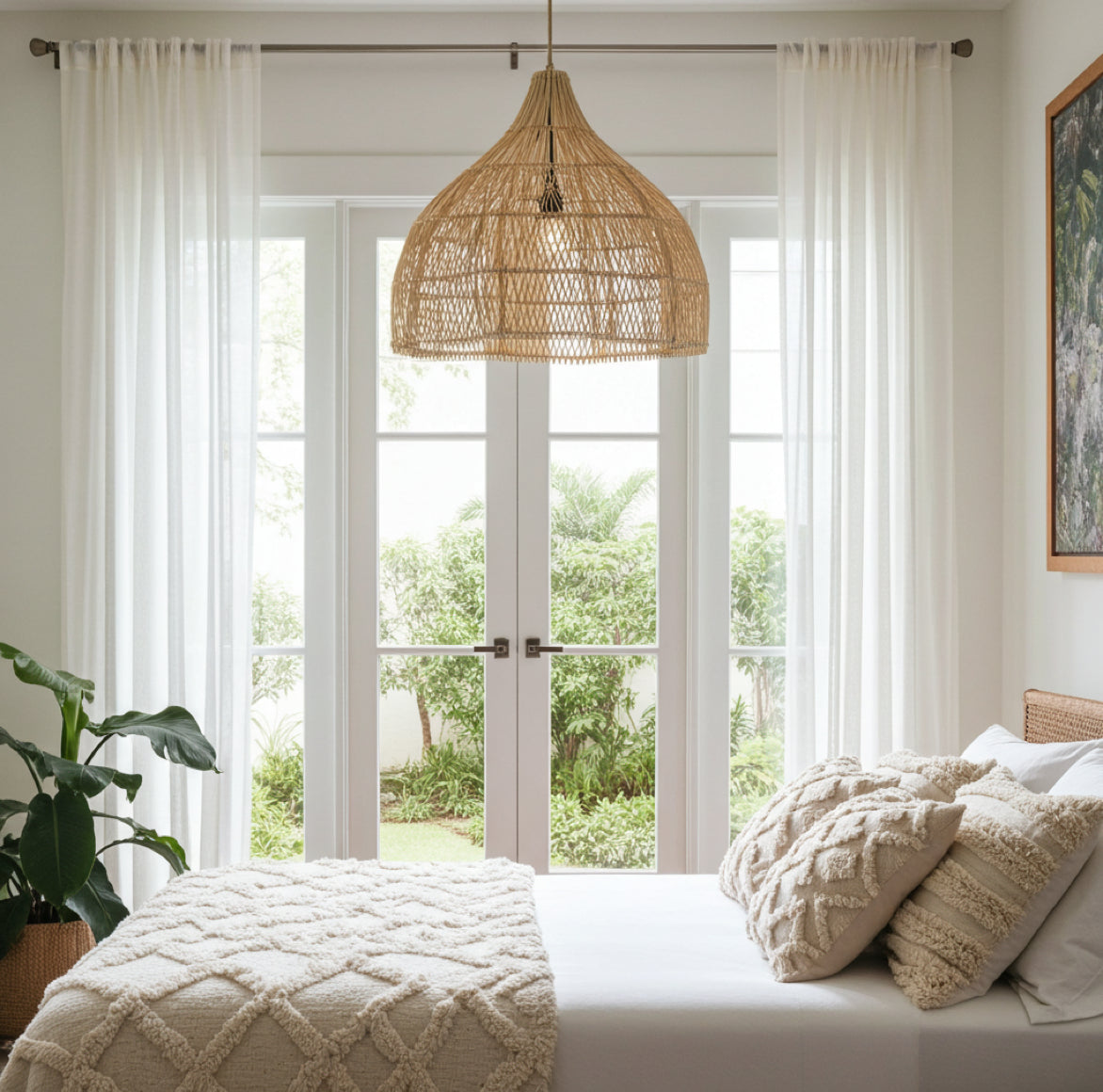 Schlafzimmer-Pendelleuchte aus Rattan als Hängelampe über dem Bett  für ein gemütliches Schlafzimmer