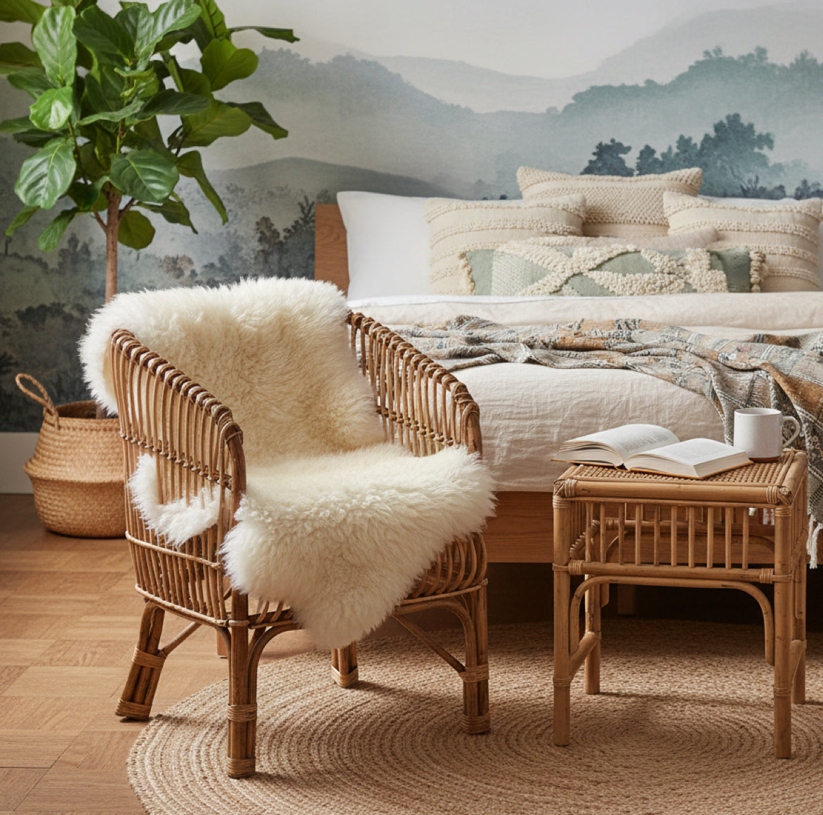 Schlafzimmer Sessel kombiniert mit einem Jute-Teppich und Fell in einer gemütlichen Leseecke.