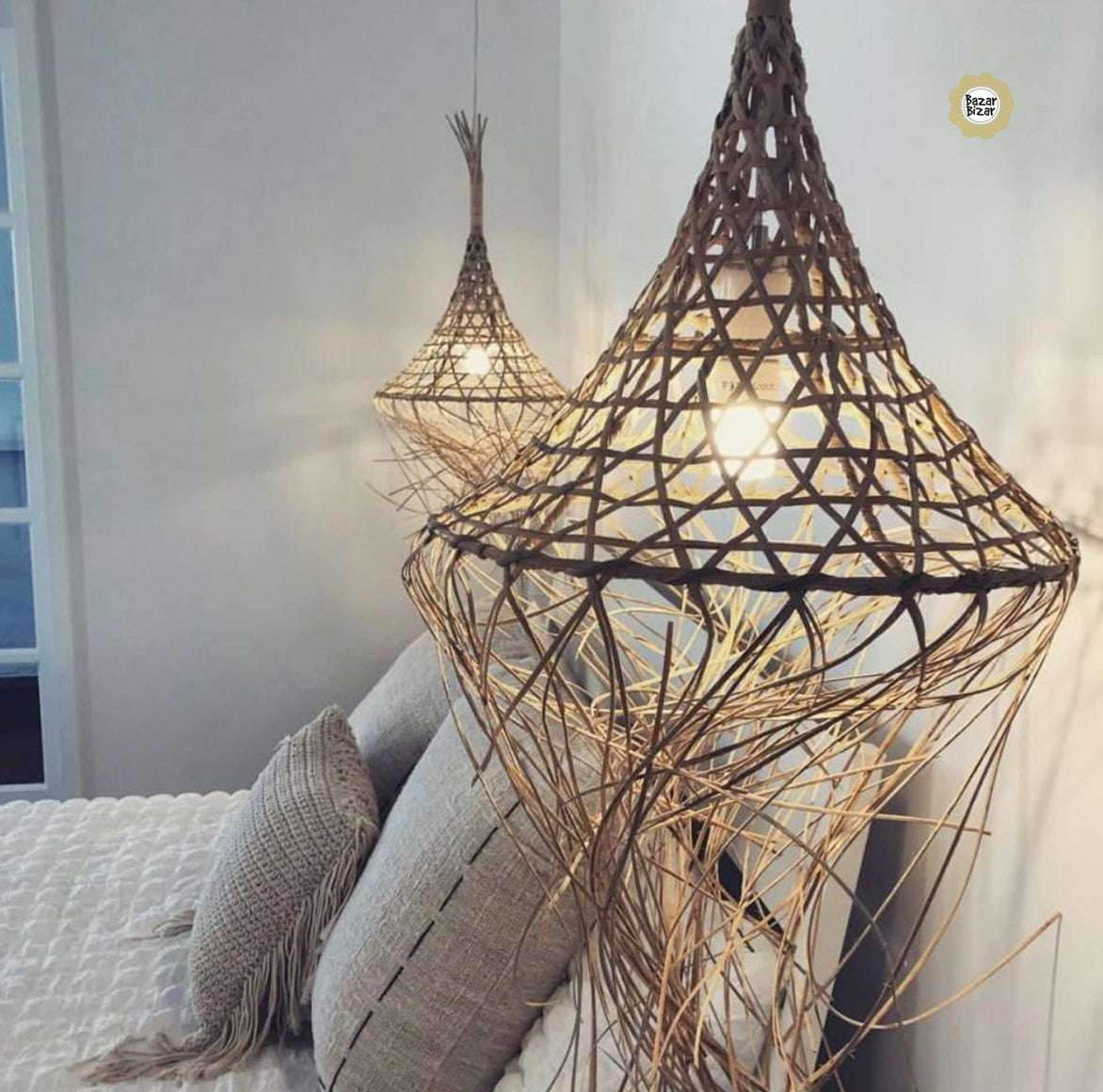 Schlafzimmerlampen von Hängelampe über Nachttischlampe und Boho Lampenschirm aus Rattan und Naturmaterial handgefertigt im Soulbirdee Lampenshop
