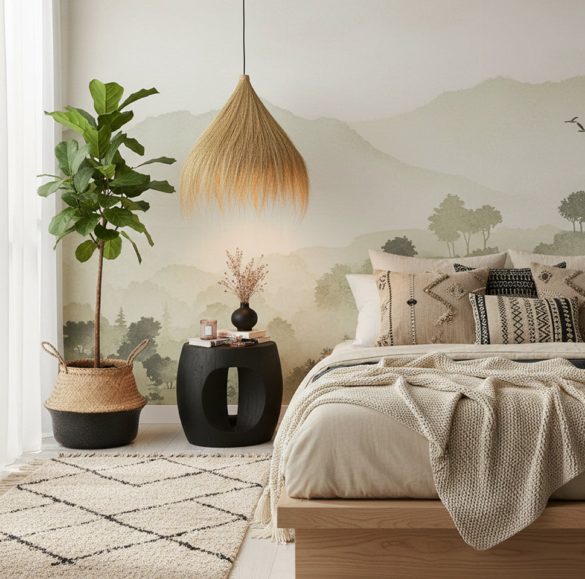 Seegras Lampenschirm im Schlafzimmer neben dem Bett über Nachttisch