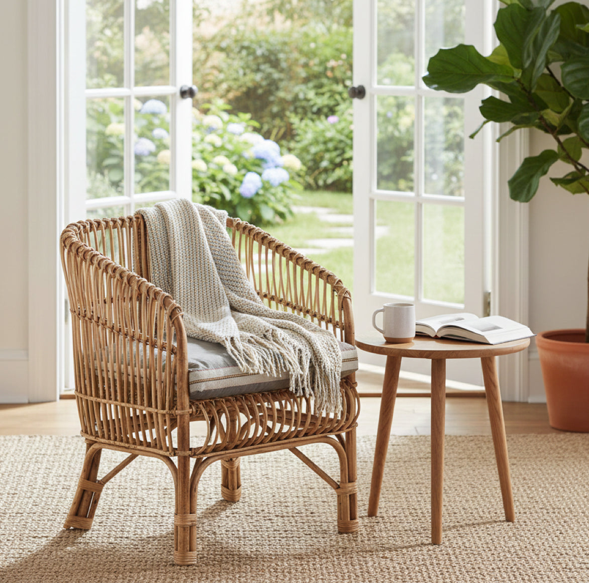 Moderner Boho-Wohnraum mit dem Bambus-Sessel MONSIEUR und einem weichen Sitzkissen in Grün-Grau.