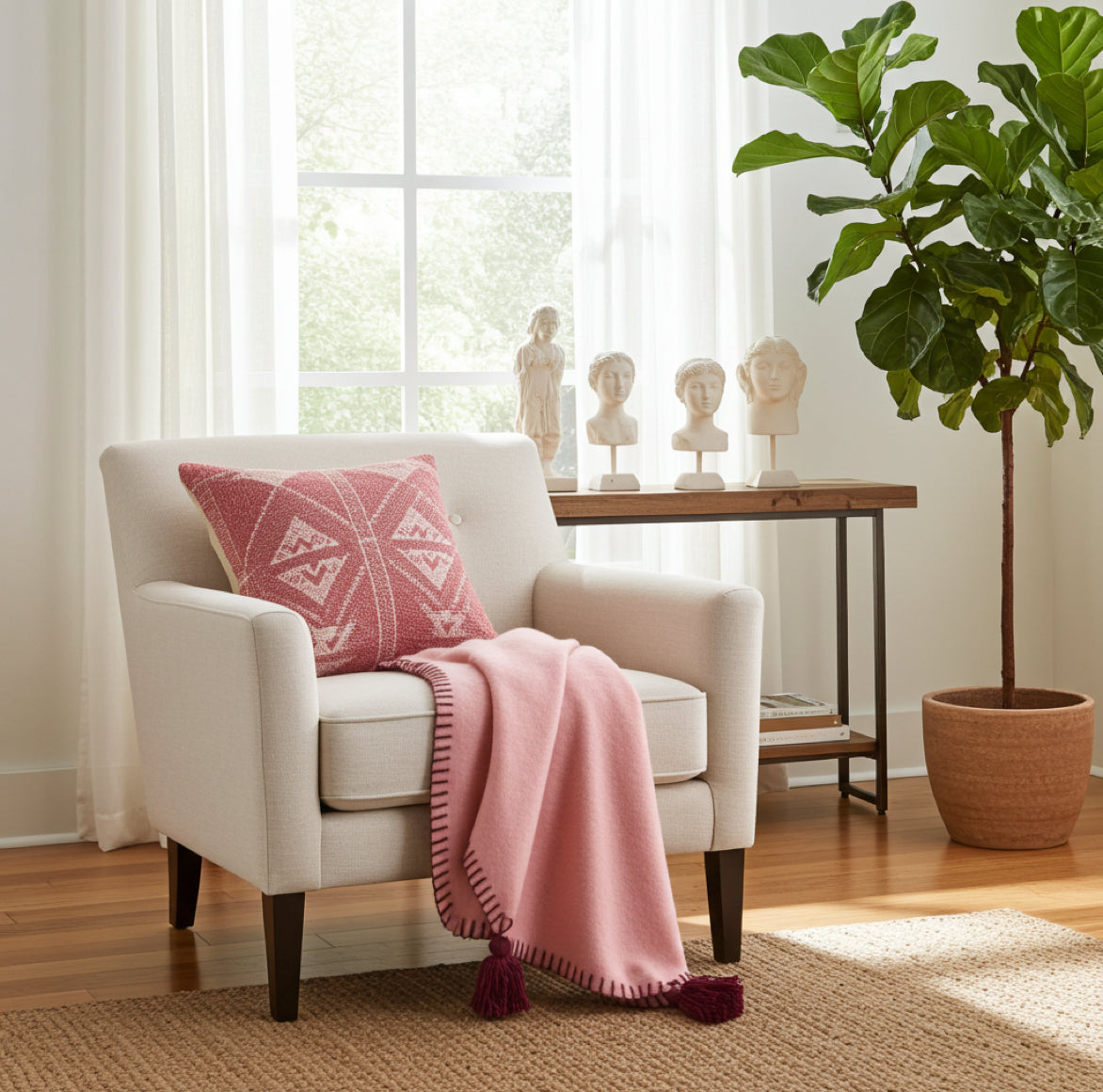 Gemütliche Kuscheldecke Rosa Plaid in Hell-Rosa drapiert auf einem Sessel im modernen Wohnzimmer.