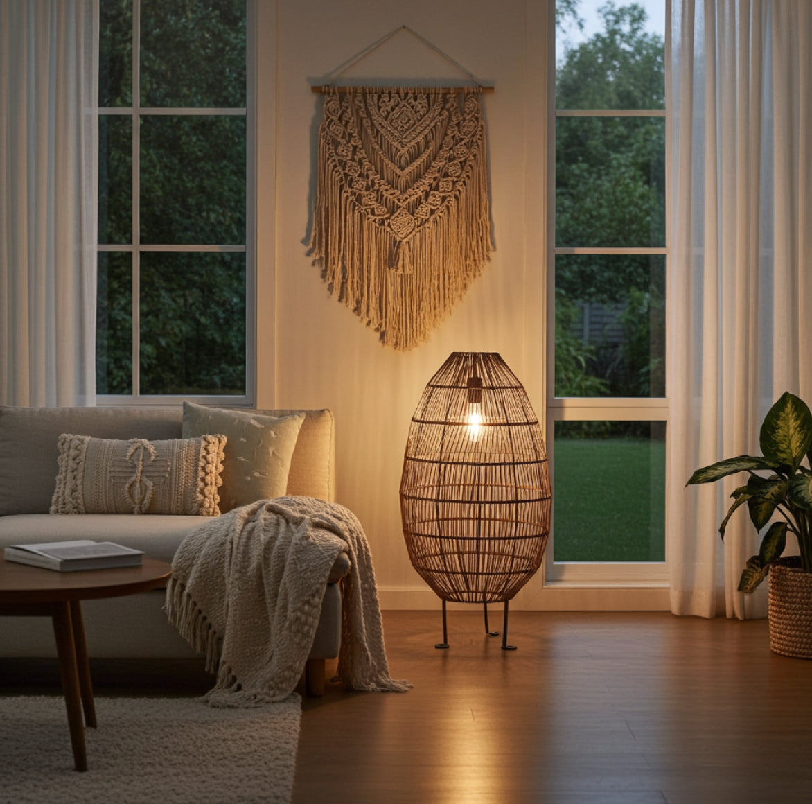 Bodenlampe OVAL im Wohnzimmer. Ei-förmiges, modernes Design aus Polyrattan handgefertigt in Vietnam.