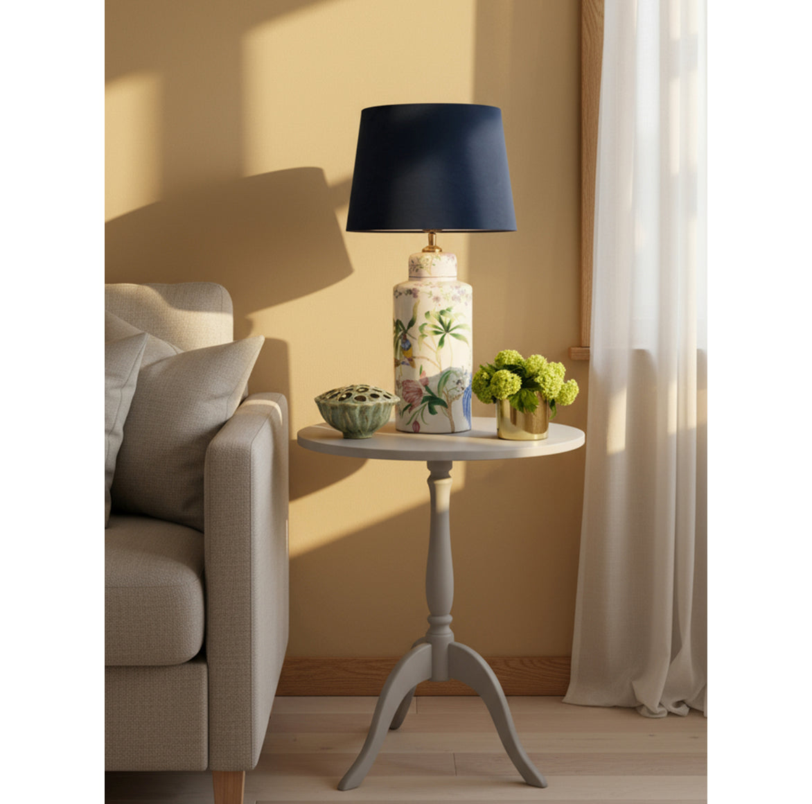 Tischlampe Vasenlampe mit Vogel Li Na mit blauem Samt Lampenschirm Porzellan Lampenfuss Landhaus Stil Vintage ♥ Soulbirdee Lampenshop | Chinoiserie Lampe | Lampe kaufen