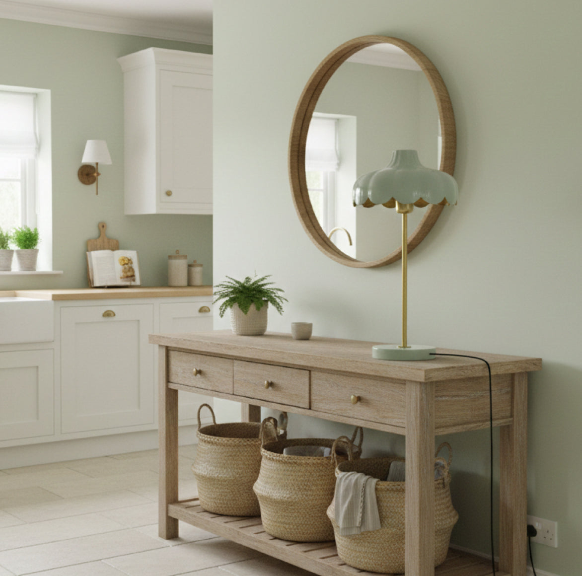 Grün-goldene Tischlampe als Blickfang in einer Wohnküche im Landhaus Stil  auf einer Konsole