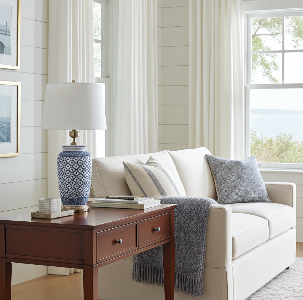 weiss-blaue Keramiklampe als Tischlampe auf einem Schreibtisch m Wohnzimmer im Hamptons Stil