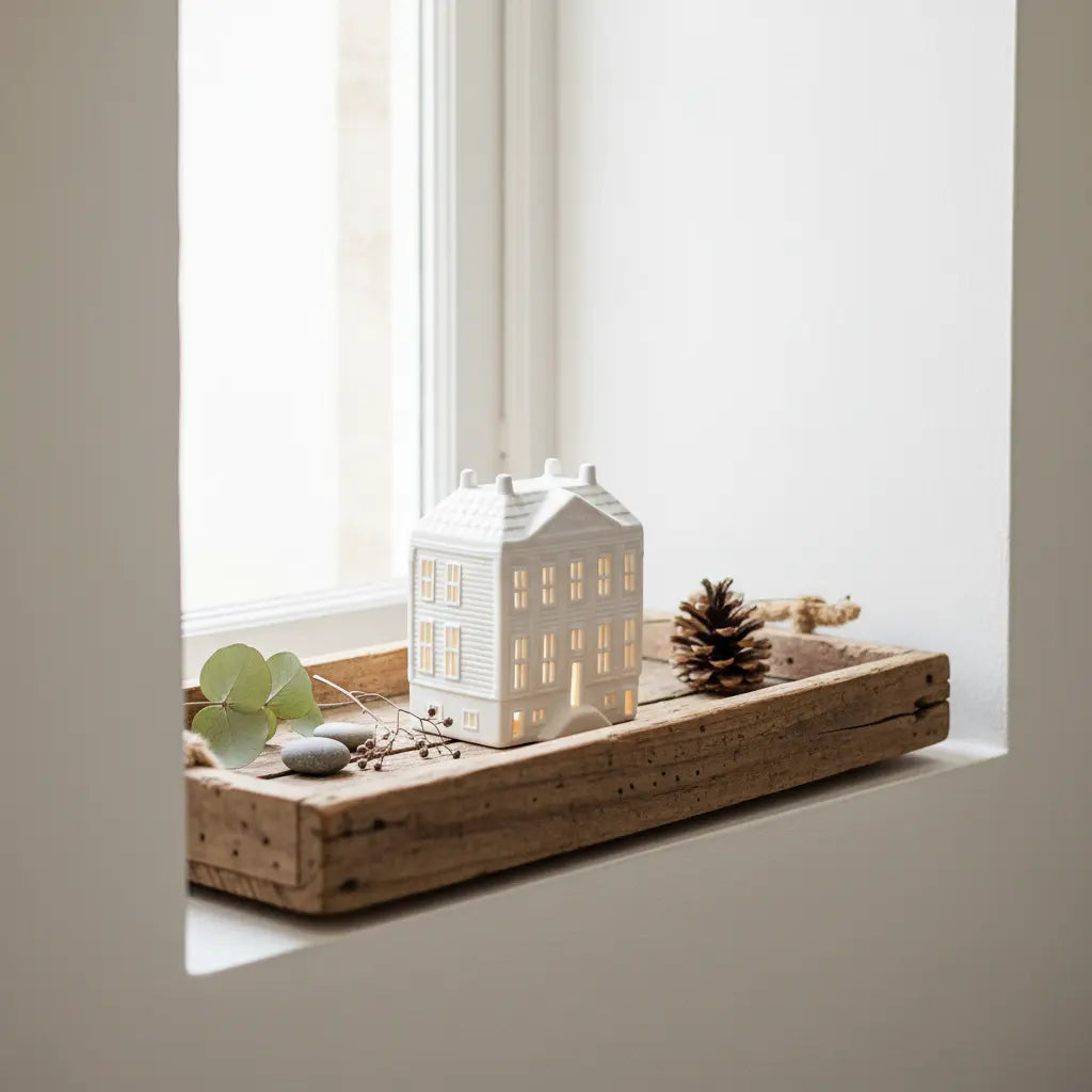Elegantes Lichthaus Amsterdam Villa aus weißem Porzellan mit Naturmaterial deoriert auf einem Holz-Tablett in der Fensternische