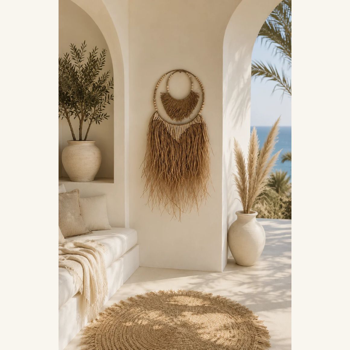 Boho Wanddekoration mit Bastfransen und Holzperlen
