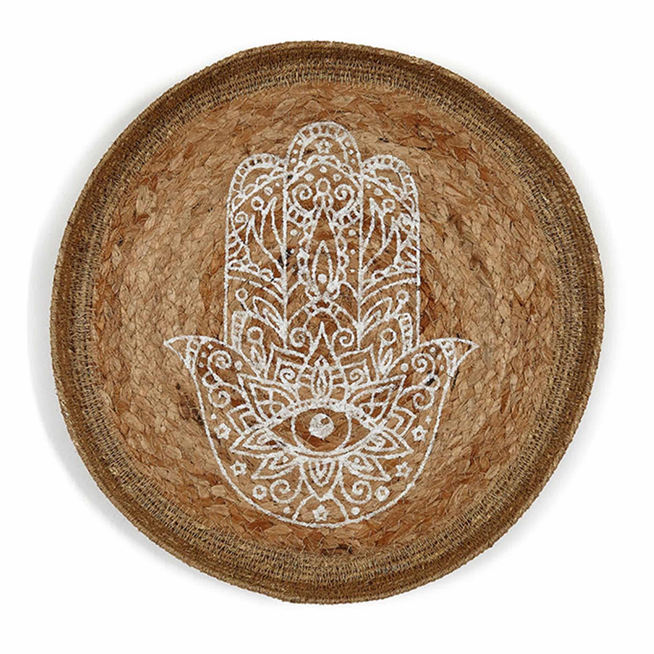 Wanddeko Hamsa Hand runder Jute Wandteller geflochten als Boho Deko mit Print in Weiß Wanddeko Boho Style Soulbirdee Onlineshop für Deko & Interior wanddekoration