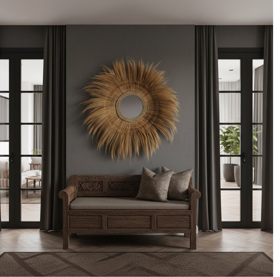 Runder Wandspiegel Boho Stil XXL groß 90 cm für Hotel Spa und Wohnzimmer oder eklektischen Flur