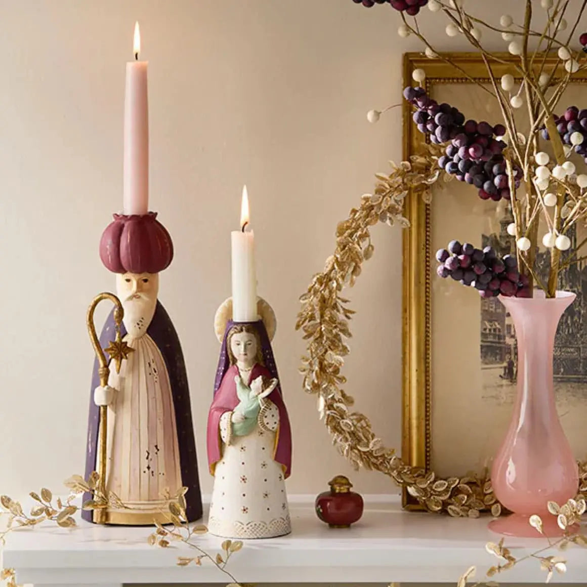 Weihnachtliche Kerzenhalter Dekofiguren in Rosa Farben Madonna Maria König Jesu Kind