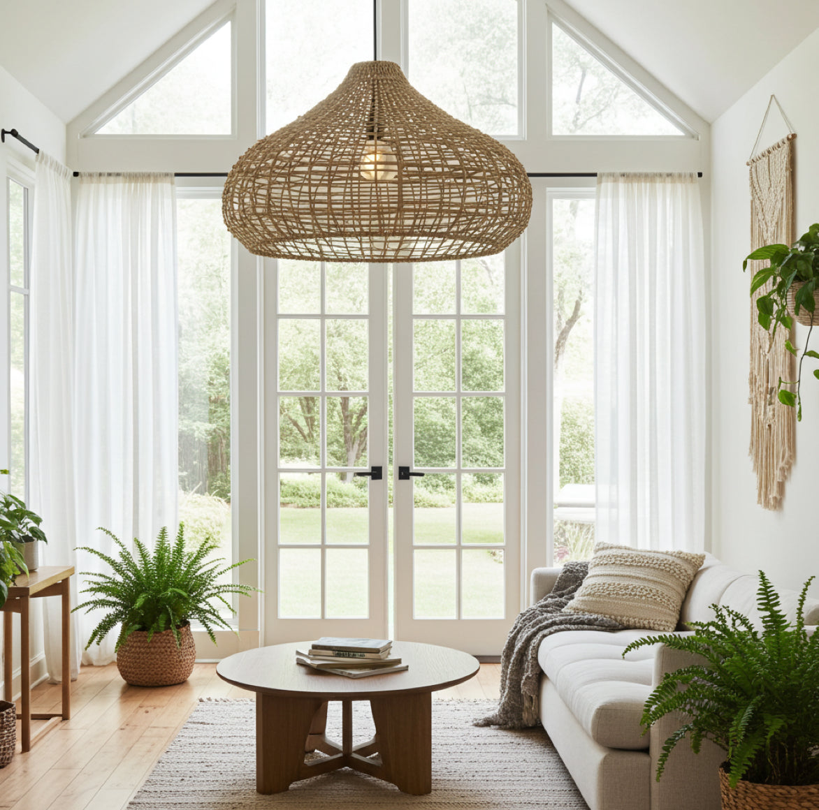 Naturfarbene Hängelampe im Landhausstil Mira als zentrales Design-Element in einem gemütlichen Landhaus Stil Wohnzimmer mit beigen Textilien.