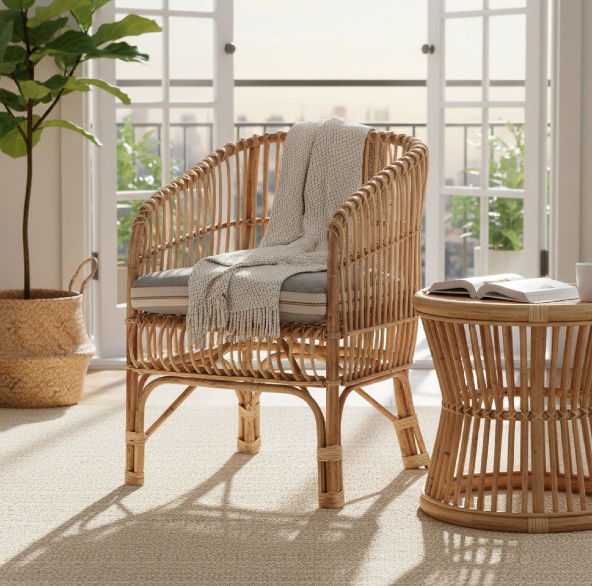 MONSIEUR Sessel kombiniert mit einem Jute-Teppich in einer gemütlichen Leseecke.