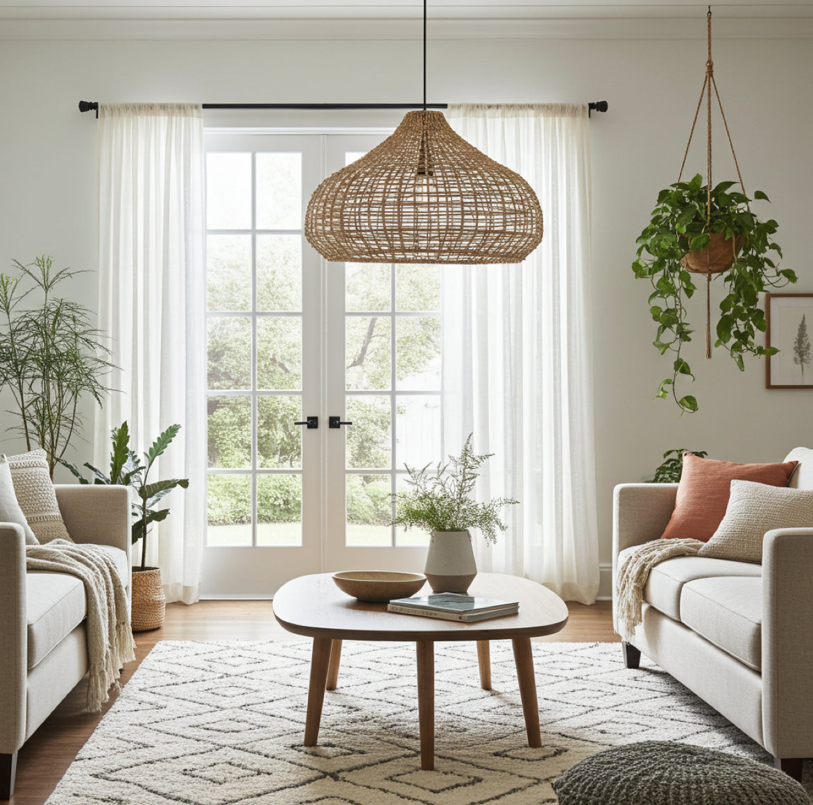 Naturfarbene Hängelampe Mira als zentrales Design-Element in einem gemütlichen Wohnzimmer mit beigen Textilien.