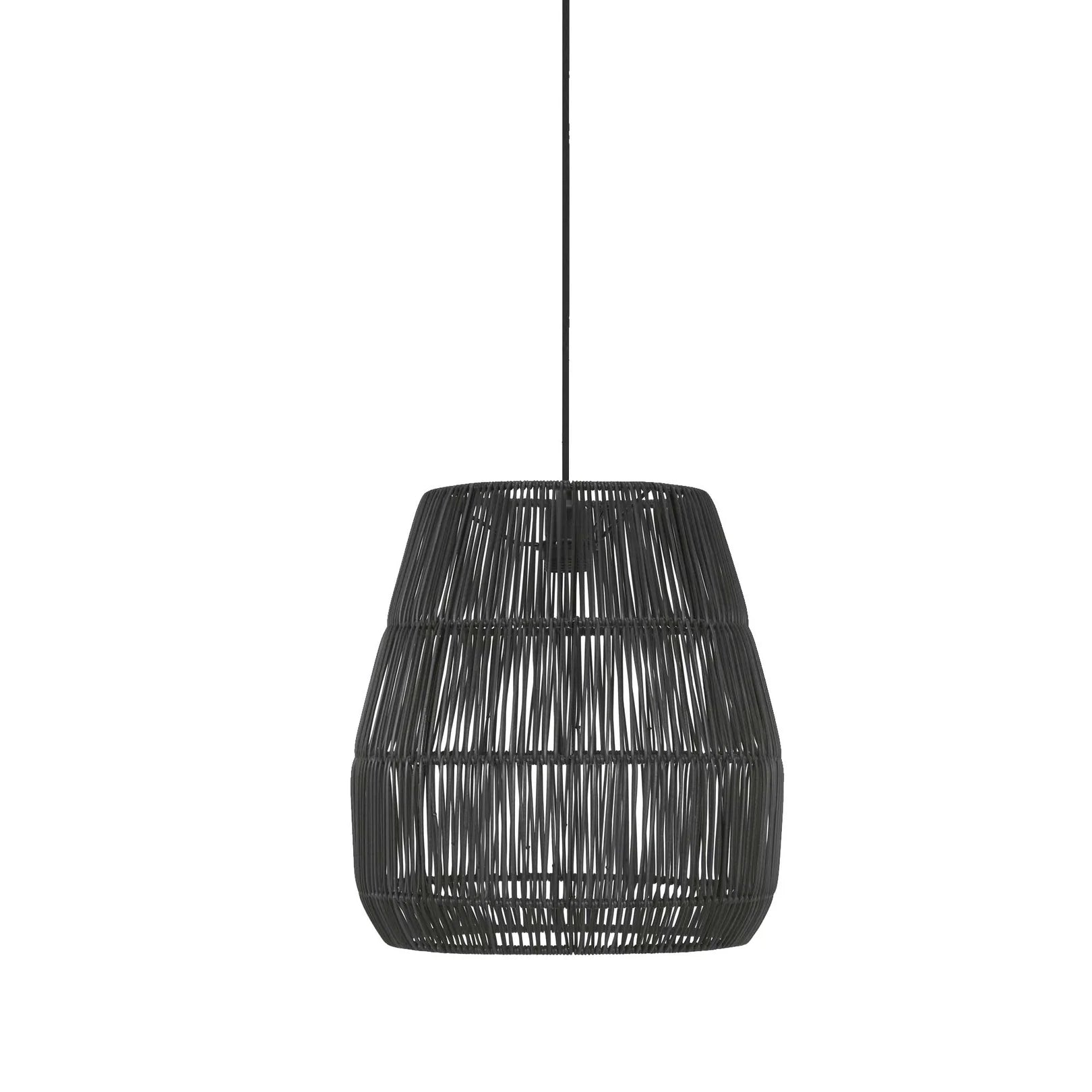 Hängende Wohnzimmerlampe im Japandi-Stil in schwarz geflochten aus Poly-Rattan